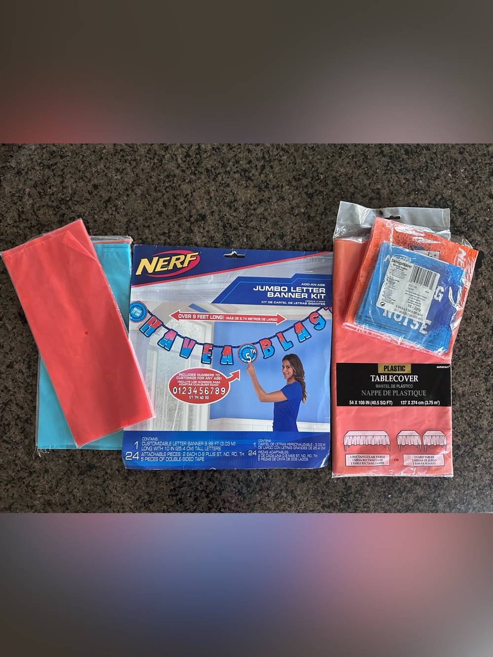 NERF party Banner Kit - Blue and Red Party Banner, table cloth, favor bags